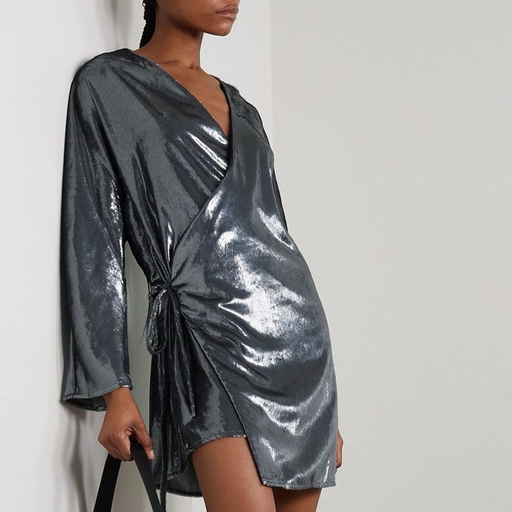 NWT BEARE PARK Velvet Mini Wrap Dress in Silver Tinsel - US 6